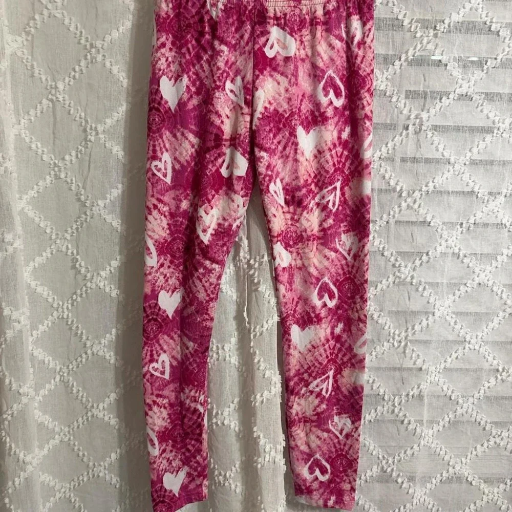 Girls Pink Tie Dye Heart Print Leggings Elastic Waist Slim Fit Casual Pants